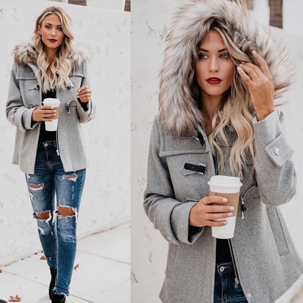 Vici Light Gray Wool-Blend Pea Coat with Faux Fur Hood
